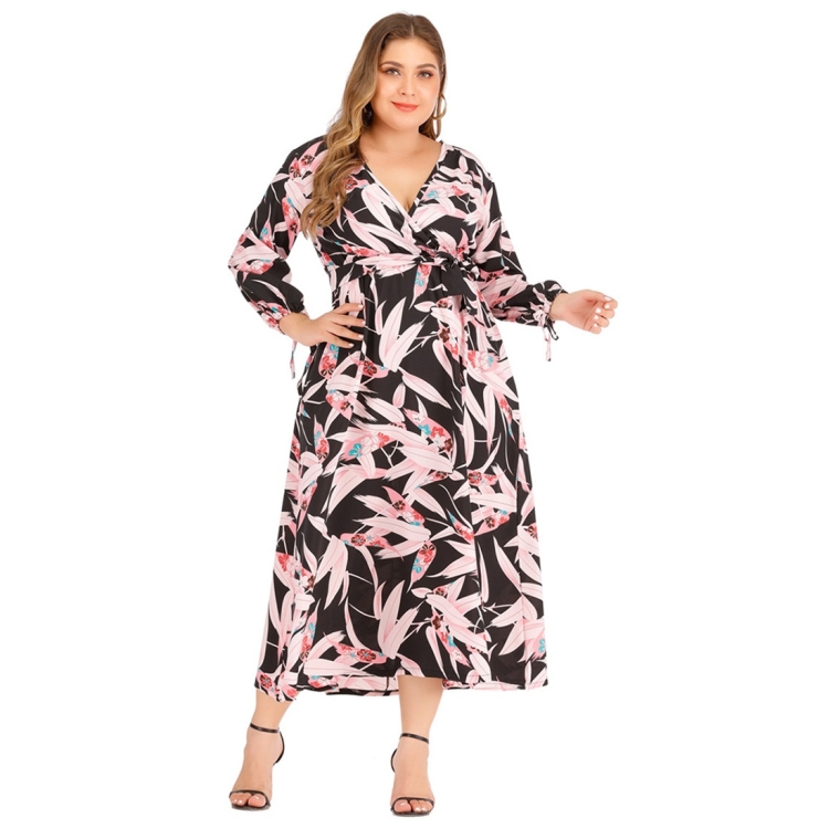 

V-neck High Waist Long Sleeve Lace-up Plus Size Dress (Color:As Show Size:XL)