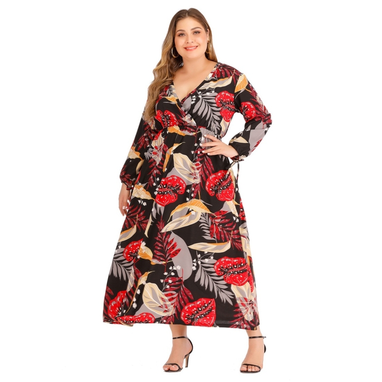 

V-neck Long-sleeved High Waist Slim Plus Size Dress (Color:As Show Size:XL)