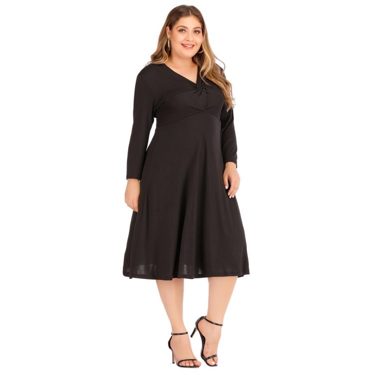 

Long-sleeved High Waist Slim-fit Plus Size Dress (Color:Black Size:XL)