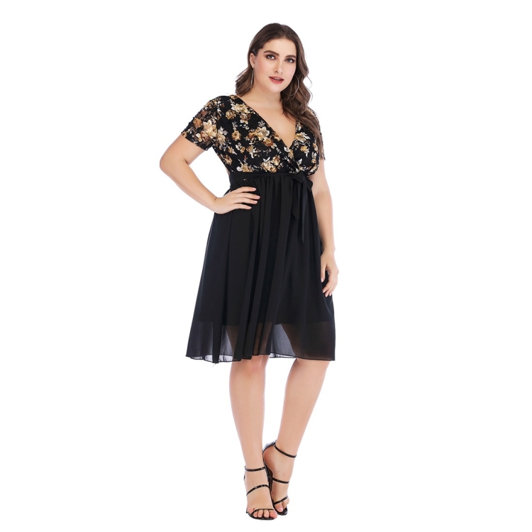 

Rose Lace Chiffon V-neck Sexy Plus Size Dress (Color:Black Size:XL)