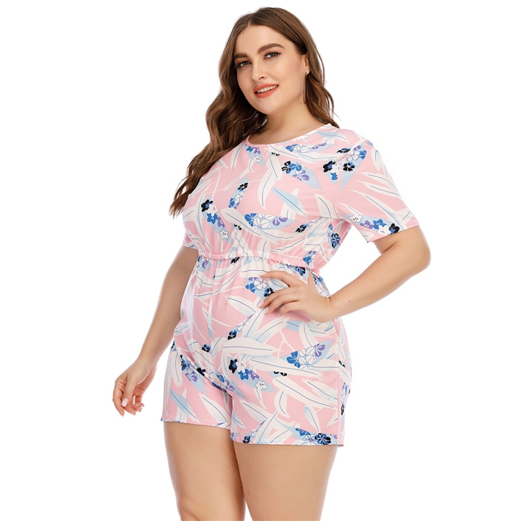 

Round Neck Printed Short-sleeved Jumpsuits Comfortable Casual Home Wear (Color:Pink Size:XL)