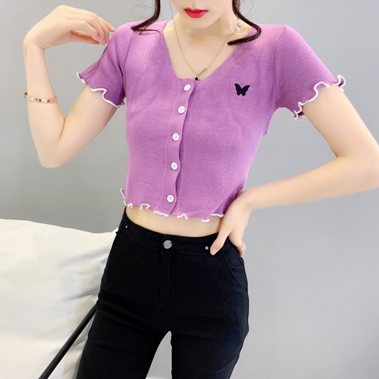 

Butterfly Embroidered Round Neck Lace Slim Slim Cardigan (Color:Purple Size:Free Size)