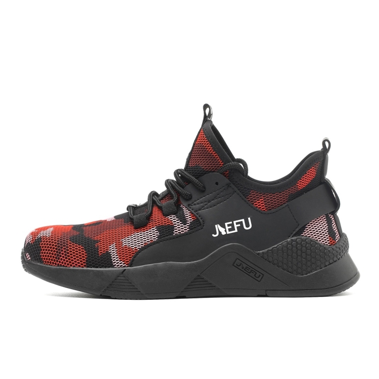 

Jiefu Anti Smashing And Anti Piercing Flying Fabric Air Permeable Lightweight Insulated Steel Head Work Safety Shoes (Color:Red Camouflage Size:36)