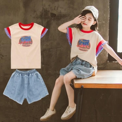 

Girls Short Sleeve T-shirt + Denim Shorts Two-piece Set (Color:Creamy Size:White_110cm)