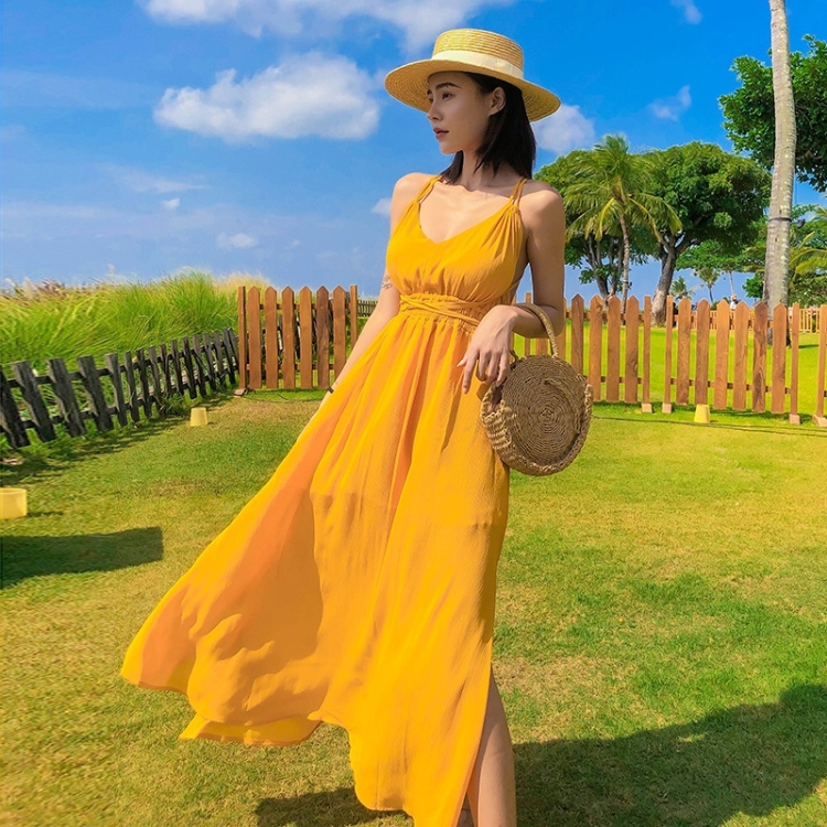 

Summer Seaside Sexy Sling Backless Dress Beach Skirt (Color:Yellow Size:L)