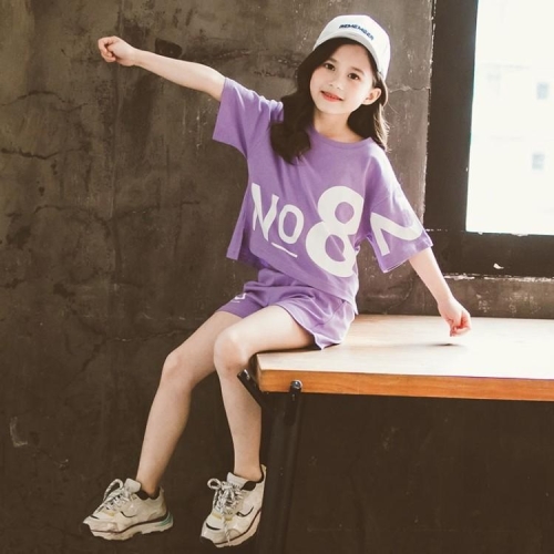 

Girls Short Sleeve T-shirt + Shorts Two-piece Set (Color:Purple Size:110cm)