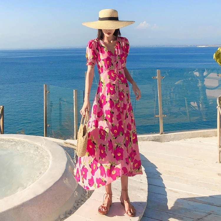 

V-neck High Waist Floral Long Dress Beach Skirt (Color:As Show Size:S)
