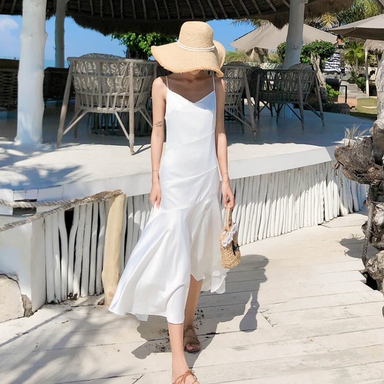 

Summer Seaside Backless Sling Dress Pleated Beach Skirt (Color:White Size:M)