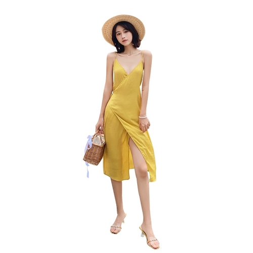 

Summer Sexy V-neck Chiffon Sling Long Dress Wrap Skirt (Color:Yellow Size:S)