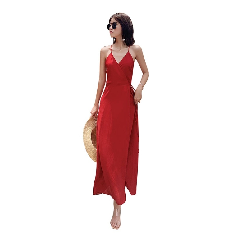 

Summer Seaside Sexy Backless Sling Long Dress Beach Skirt (Color:Wine Red Size:S)
