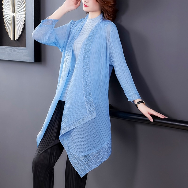 

Women Pleated Round Neck Top + Cardigan Style Long Coat (Color:Blue Size:Free Size)
