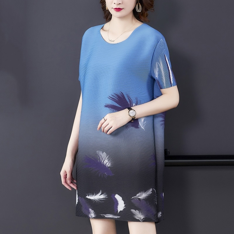 

Summer Women Feather Print Pleated Loose Dress (Color:Blue Size:Free Size)