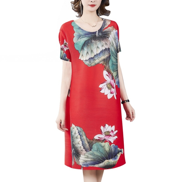 

Summer Women Lotus Print Pleated Loose Dress (Color:Red Size:Free Size)