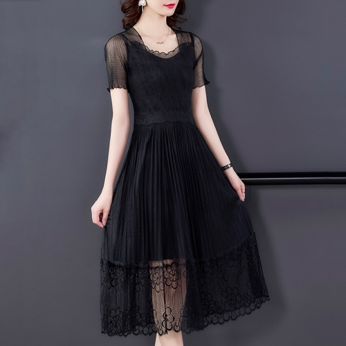 

Summer Pleated Chiffon Slim Lace Dress (Color:Black Size:Free Size)