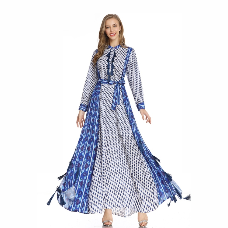 

Fashion Waistline Walking Style Mid Long Skirt + Casual Thin Printed Lace Up Dress (Color:Blue Size:S)