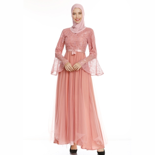 

Large Swing Flared Sleeve Dress Mesh Stitching French Style Long Skirt (Color:Pink Size:M)