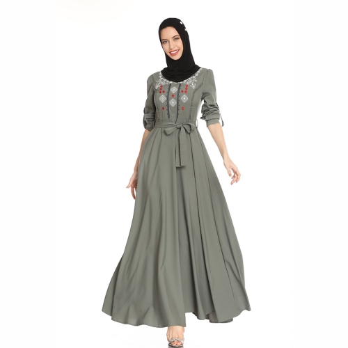 

Intellectual Literature And Art Hand Embroidered Big Swing Dress (Color:Olive Green Size:M)