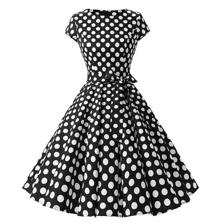

Round Neck Big Polka Dot Hepburn Retro Swing Dress (Color:Black Size:S)