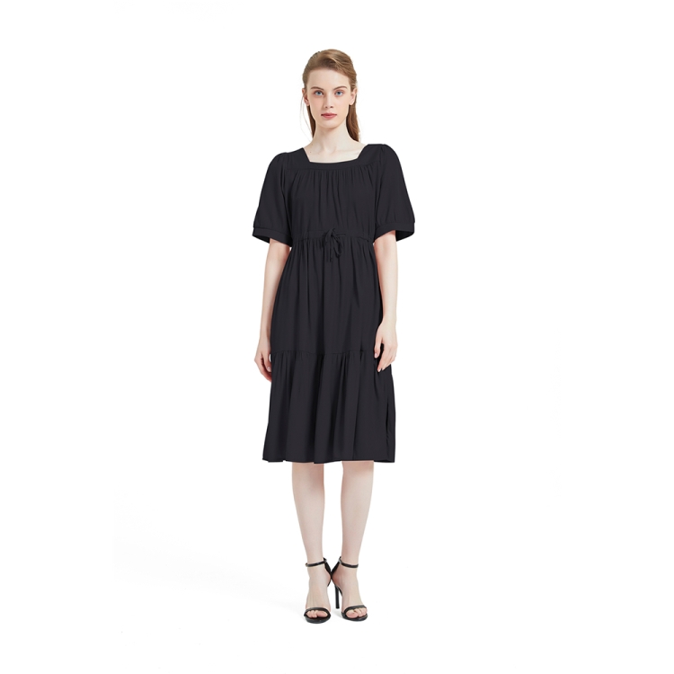 

Hepburn Style Solid Color Elegant Square Neck Short Sleeve Dress (Color:Black Size:S)