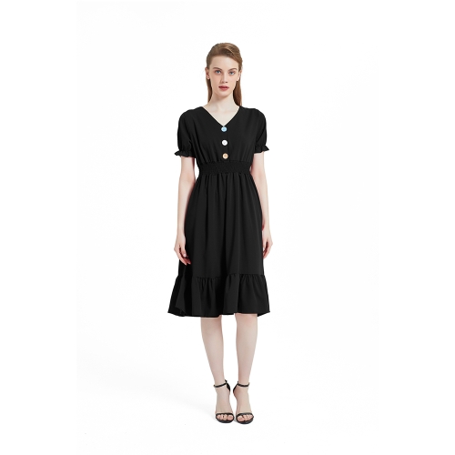 

V-neck Solid Color Short Sleeve Hepburn Dress (Color:Black Size:S)