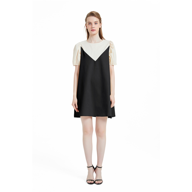 

Contrast Retro Short Sleeve Waist Dress (Color:Black Size:S)