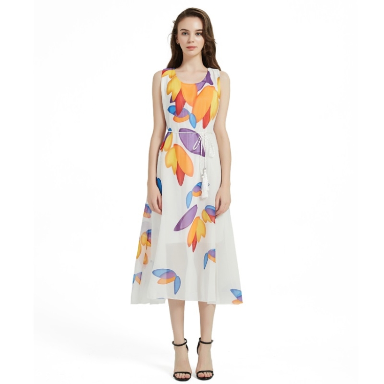 

Round Neck Sleeveless Waist Print Chiffon Dress (Color:White Size:S)