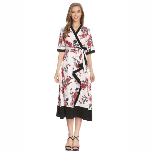 

Printed Wrap Draped V-neck Belt Dress (Color:Decor Size:S)