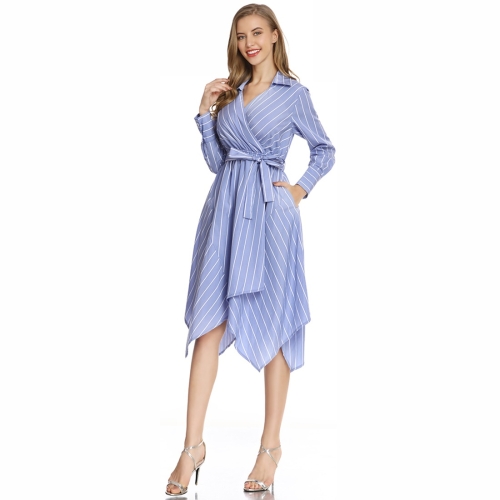 

Fashion Temperament Blue And White Stripe Slit Skirt Slouchy Dress (Color:Blue Size:XL)