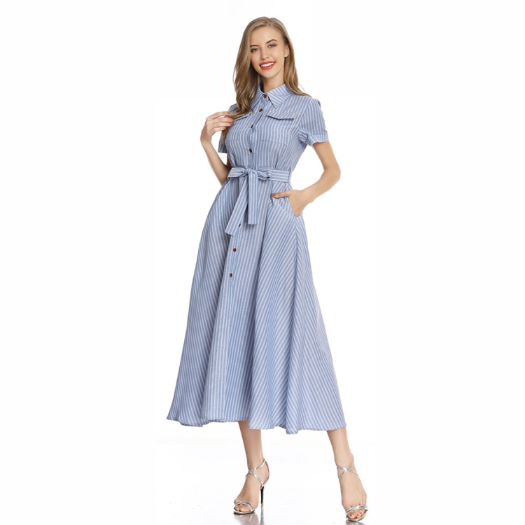 

Denim Blue Shirt Dress With Slim Waistband Cardigan French Retro Striped Mid Length Skirt (Color:Blue Size:S)