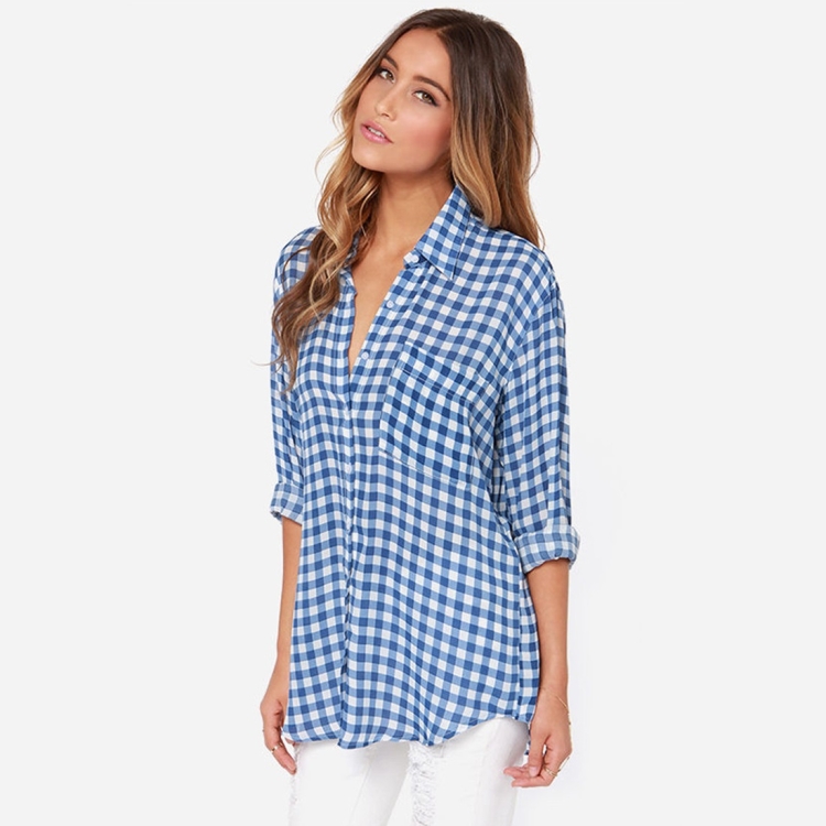

Long Sleeve Blue Plaid Shirt Slim Straight Casual Shirt (Color:Blue Size:S)