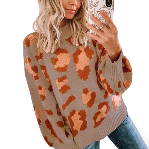 

High Neck Lantern Sleeve Leopard Knit Sweater (Color:Khaki Size:S)