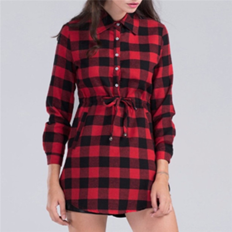 

Plaid Shirt Dress Autumn Fitting Waist Length A-line Skirt (Color:Red Size:S)