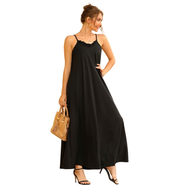 

High Waist V-neck Sleeveless Solid Color Sexy Suspender Skirt (Color:Black Size:XS)