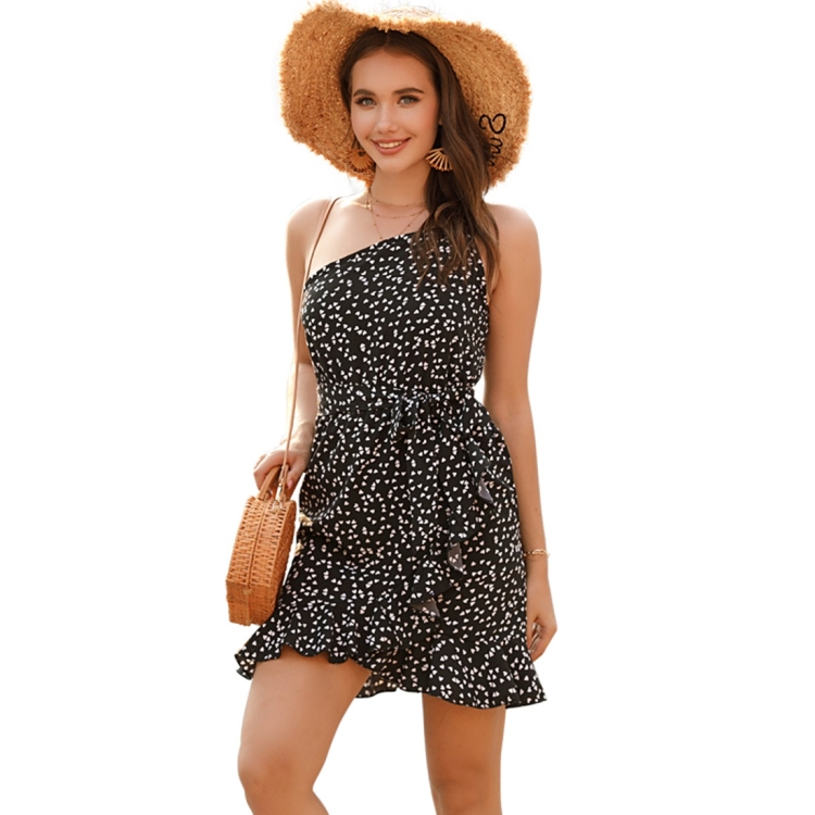 

Sexy shoulder fashion print A-line Sling Dress (Color:Black Size:M)