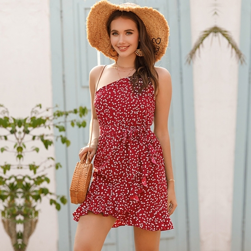 

Sexy shoulder fashion print A-line Sling Dress (Color:Wine Red Size:M)