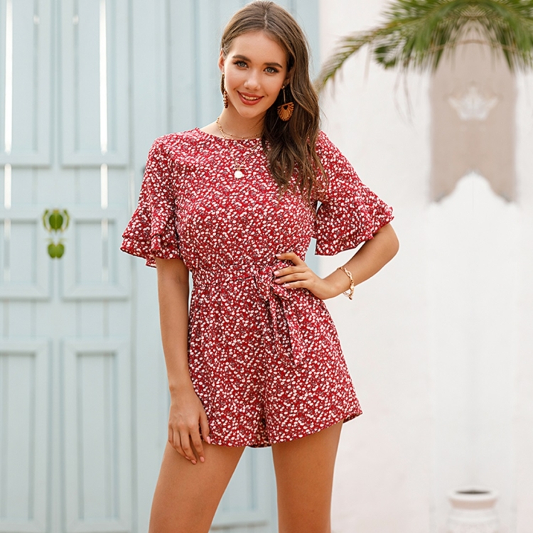

Printed Lace Up Button Up Short Sleeve Jumpsuit (Color:Wine Red Size:S)