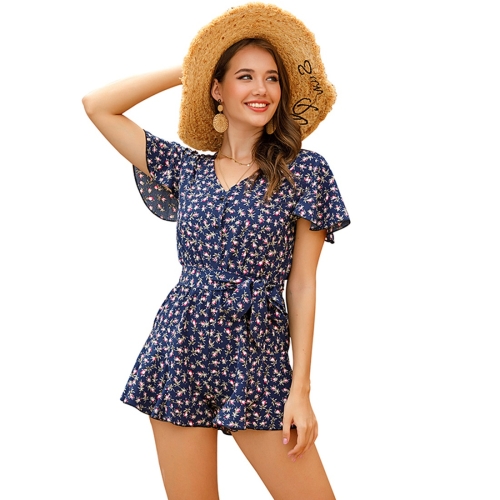 

High Waist Lace Up Button Floral Jumpsuit (Color:Royal Blue Size:S)