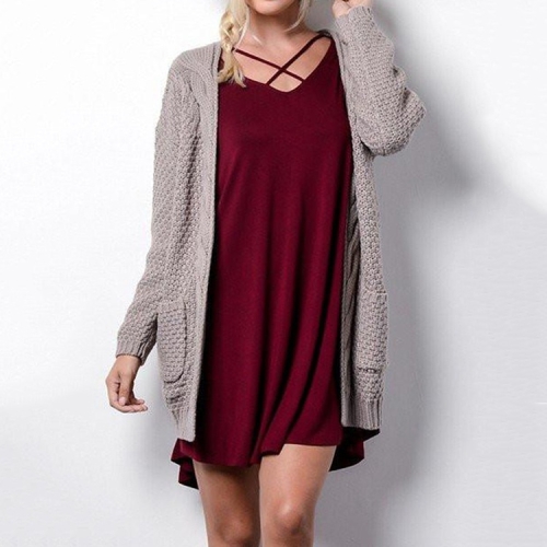 

Fashion Mid-length Style Solid Color Pocket Twist Cardigan Knit Sweater (Color:Coffee Size:XL)