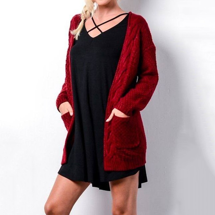 

Fashion Mid-length Style Solid Color Pocket Twist Cardigan Knit Sweater (Color:Wine Red Size:S)