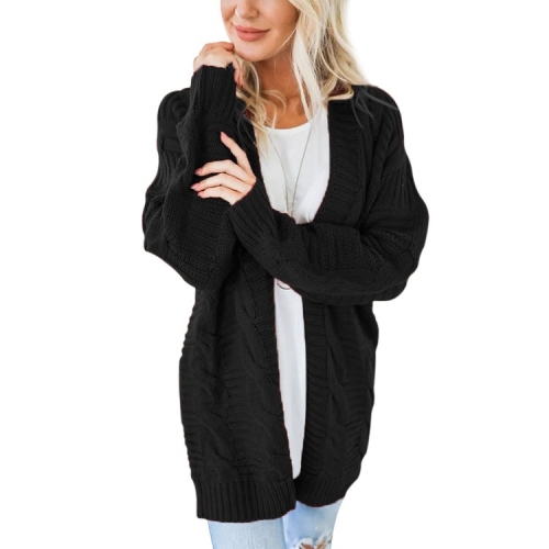 

Mid-length Style Solid Color Thick Thread Twist Cardigan Knit Sweater (Color:Black Size:S)
