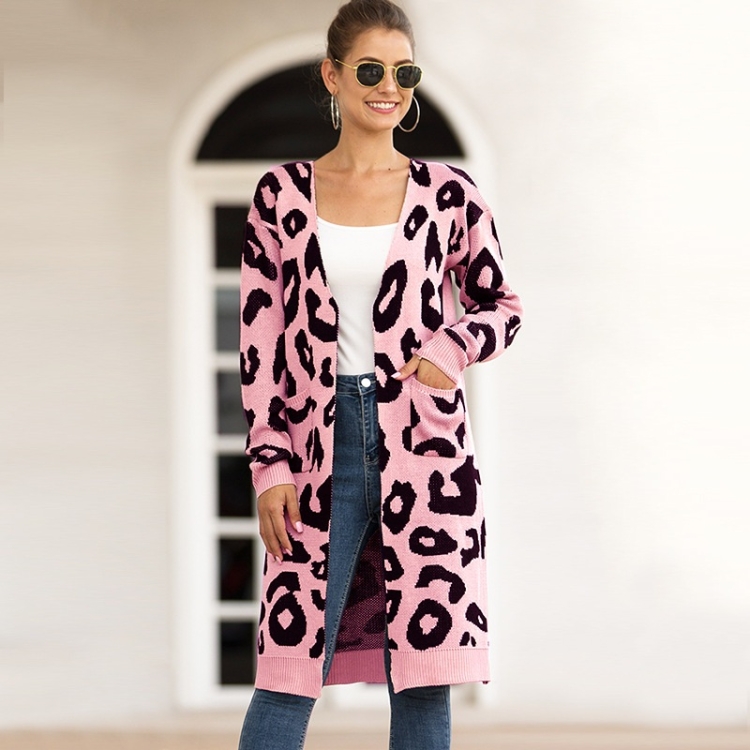 

Fashion Long Style Leopard Cardigan Knit Sweater (Color:Pink Size:S)
