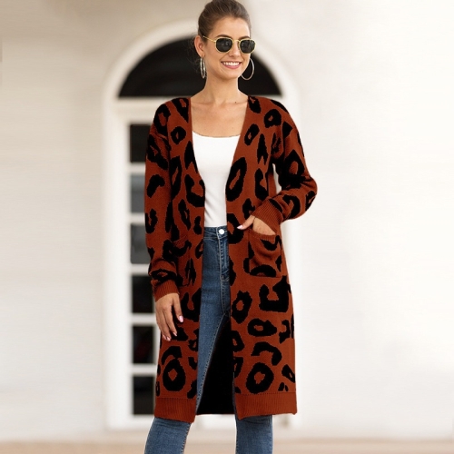 

Fashion Long Style Leopard Cardigan Knit Sweater (Color:Coffee Size:L)
