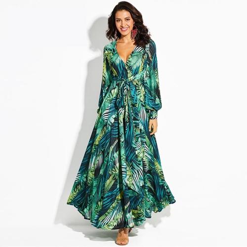 

Green Leaf Print Belt V-neck Party Dress (Color:Green Size:S)