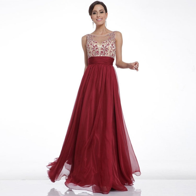 

Solid Color Embroidery Waist Closing Sexy Open Back Swing Dress (Color:Wine Red Size:S)