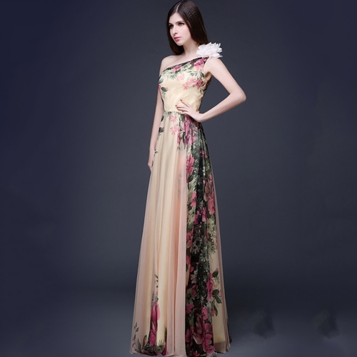 

Fashionable One Shoulder Print Evening Dress (Color:Decor Size:XL)