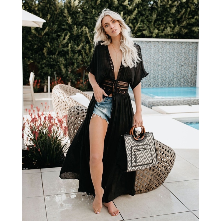 

Slub Cloth Waist Lace Beach Anti-sai Beach Blouse (Color:Black Size:Free Size)