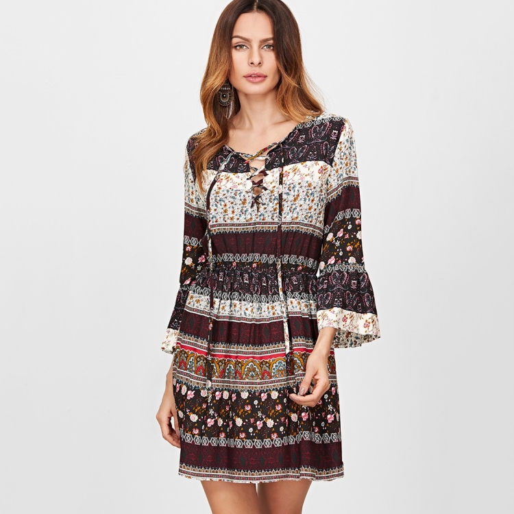 

V-neck Tie Rope Flared Sleeve Decor Dress (Color:Black Size:M)