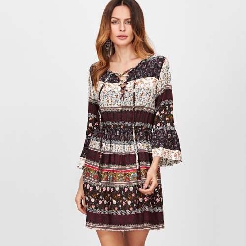 

V-neck Tie Rope Flared Sleeve Decor Dress (Color:Black Size:XL)