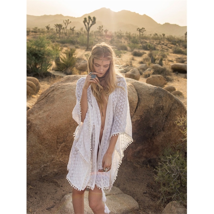 

Bikini Blouse With Lace And Ball Side Drawstring (White)