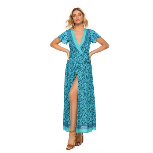 

V-neck Cardigan Lace-up Printed Beach Dress (Color:Green Size:L)